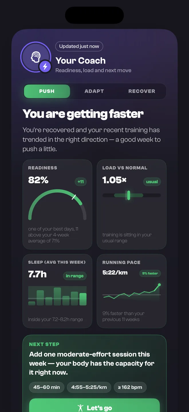 TrakRun's Your Coach screen, showing a Push stance and the metrics behind it