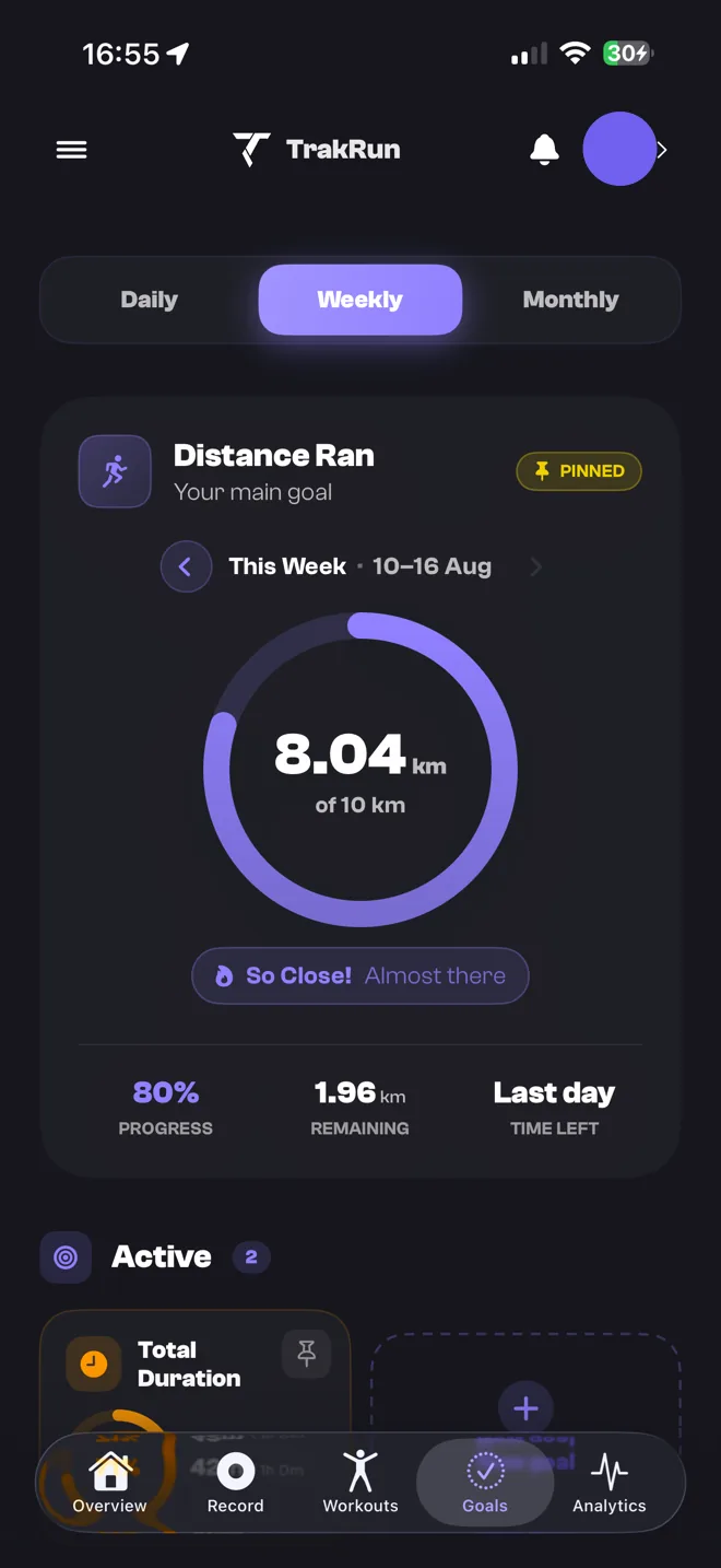 TrakRun's Goals screen, showing a weekly distance goal at 80% progress
