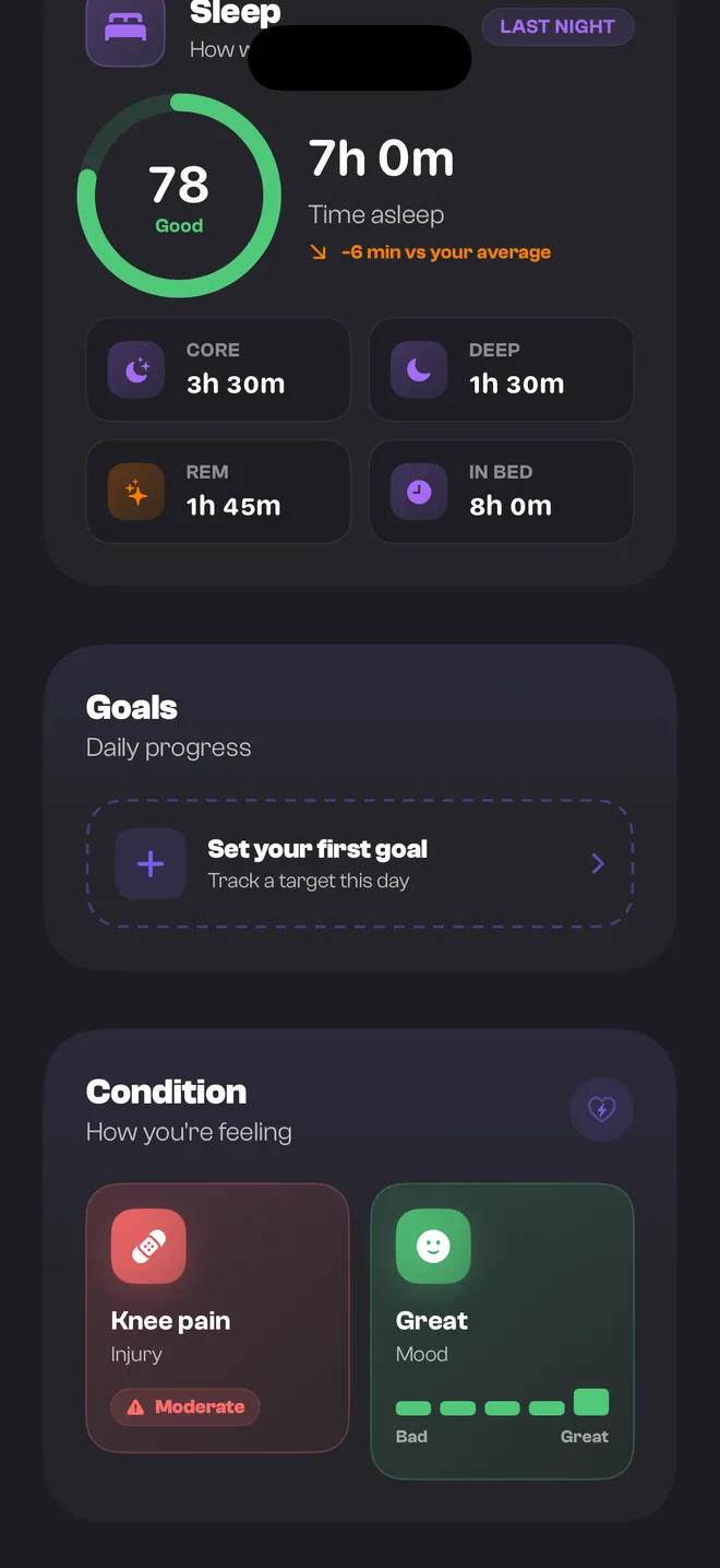 TrakRun's Overview screen, showing last night's sleep score, the daily goals card and today's condition