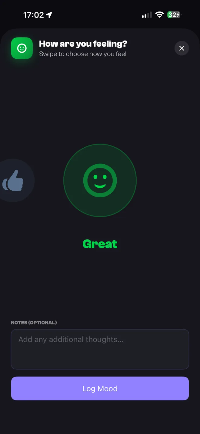 TrakRun's mood logger, set to Great