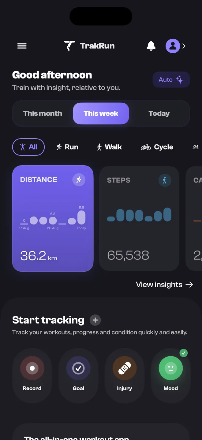 TrakRun's Overview screen, showing this week's distance, quick tracking actions and connected sources