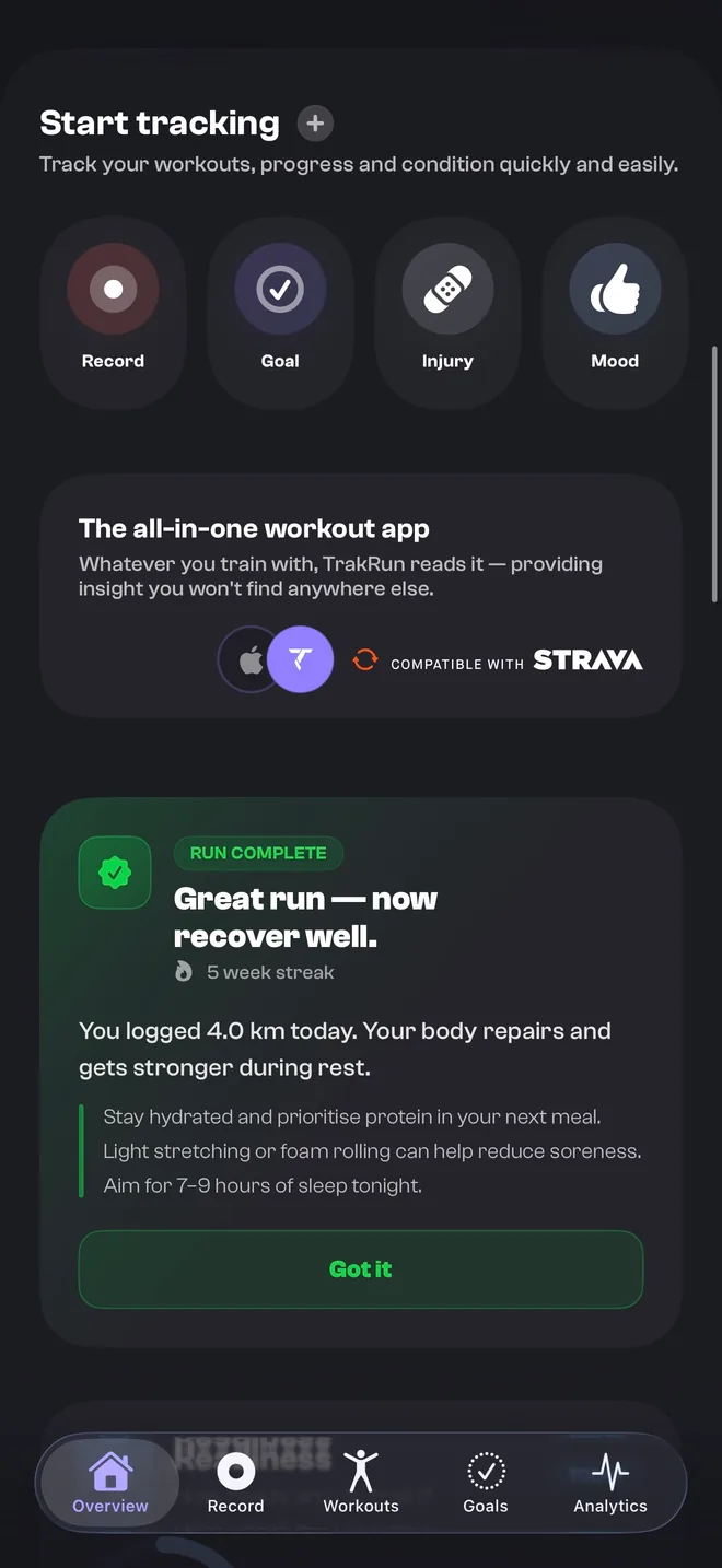 TrakRun's Overview screen, showing an all-in-one workout app card marked compatible with Strava and a run-complete recovery prompt