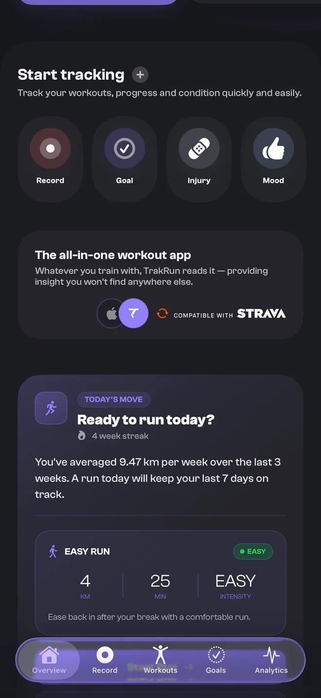 TrakRun's Overview screen showing the all-in-one workout app card and the stack of connected sources