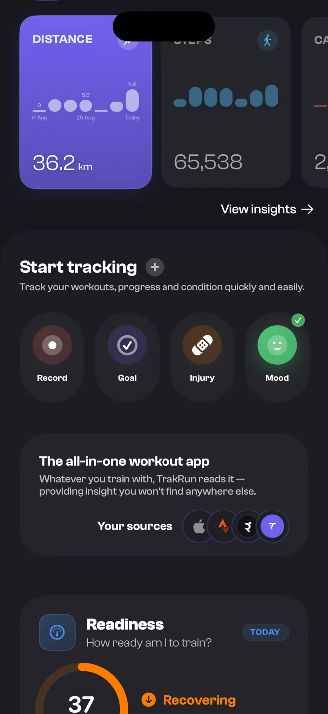 TrakRun's Overview screen showing the all-in-one workout app card and the stack of connected sources