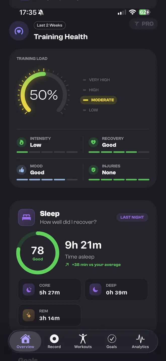TrakRun's Training Health screen, showing a 50% training load dial and a sleep score of 78