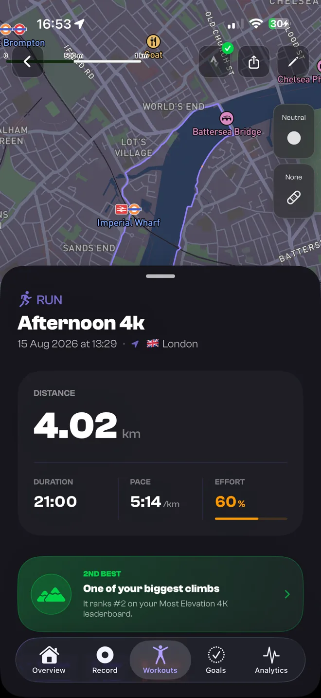 A TrakRun workout, showing the route map, distance, pace and effort