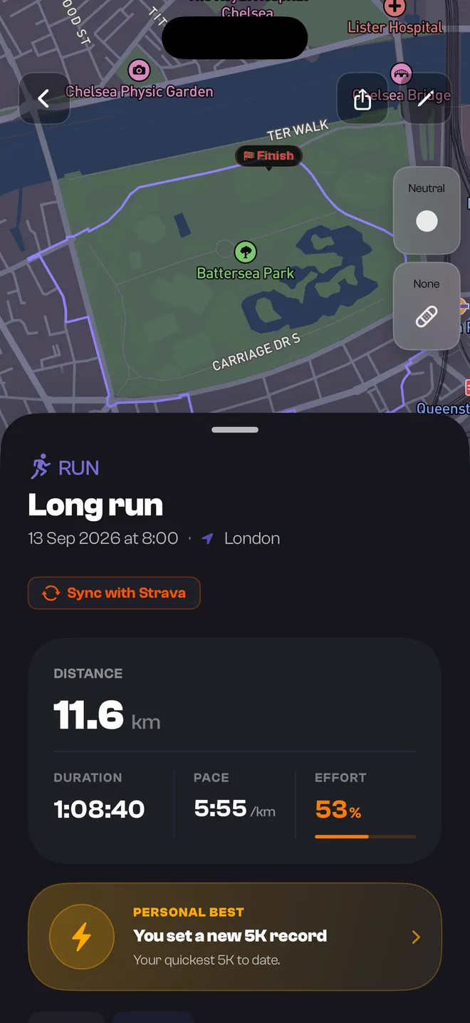 A TrakRun workout, showing the route map, distance, pace and effort