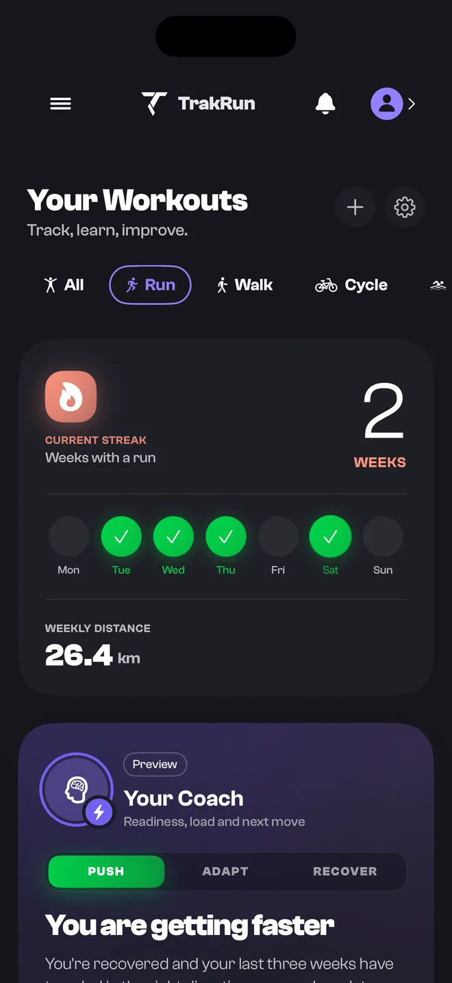TrakRun's workouts list on iPhone, showing recorded runs with their distance, pace and source