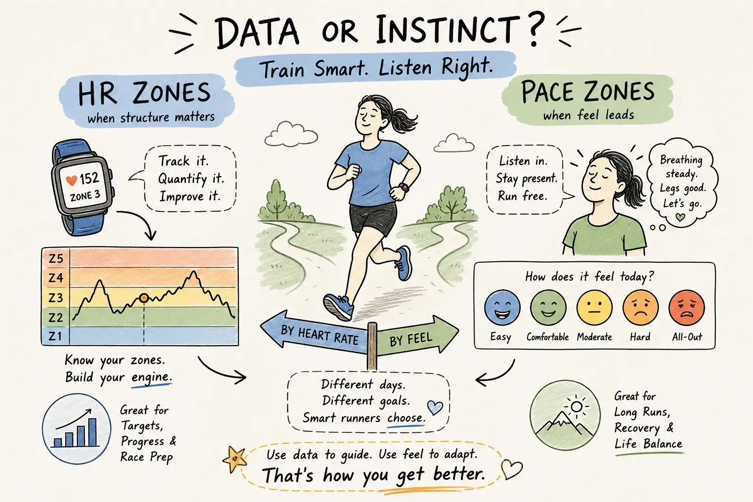 Hand-drawn illustration of a runner at a signpost pointing "by heart rate" and "by feel", with an Apple Watch showing zone 3 and a zone chart on one side and a how-does-it-feel scale on the other