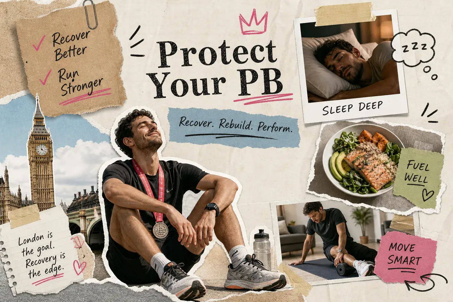 Collage of a smiling marathon runner sitting with a finisher's medal beside Big Ben, with panels for sleep, a salmon and grain bowl, and foam rolling, under the words Protect Your PB